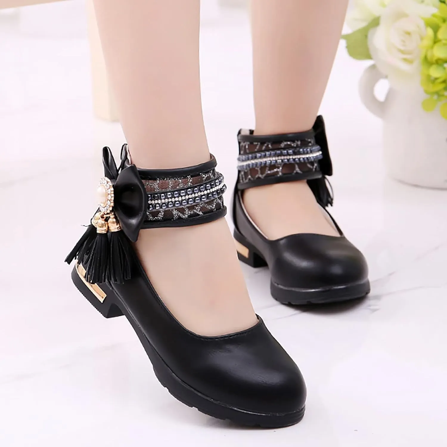 Models Sweet Girls Princess Leather Shoes with Jewelry Tassel Girls Dress Shoes Party School (Black, 5.5-6 Years)