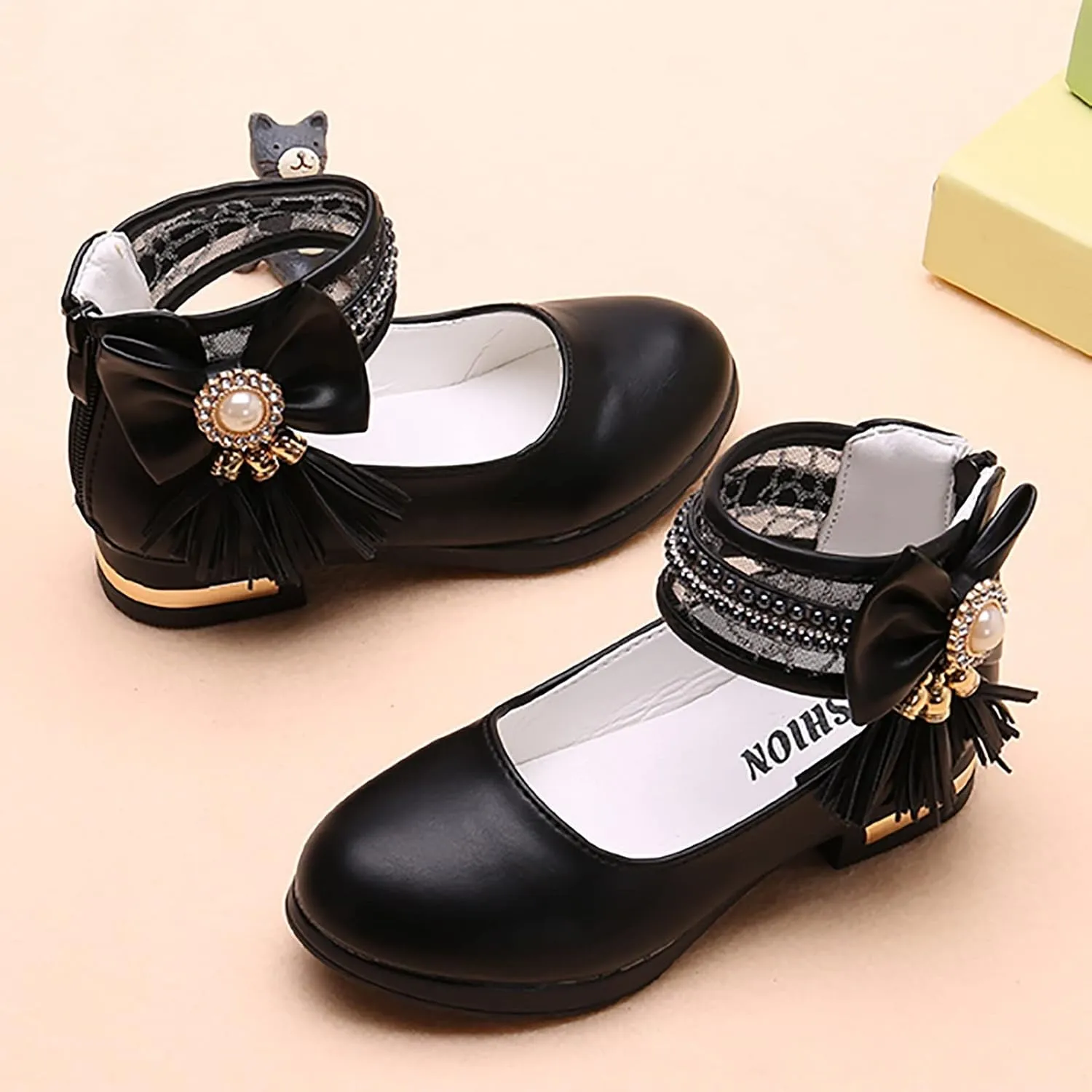 Models Sweet Girls Princess Leather Shoes with Jewelry Tassel Girls Dress Shoes Party School (Black, 5.5-6 Years)