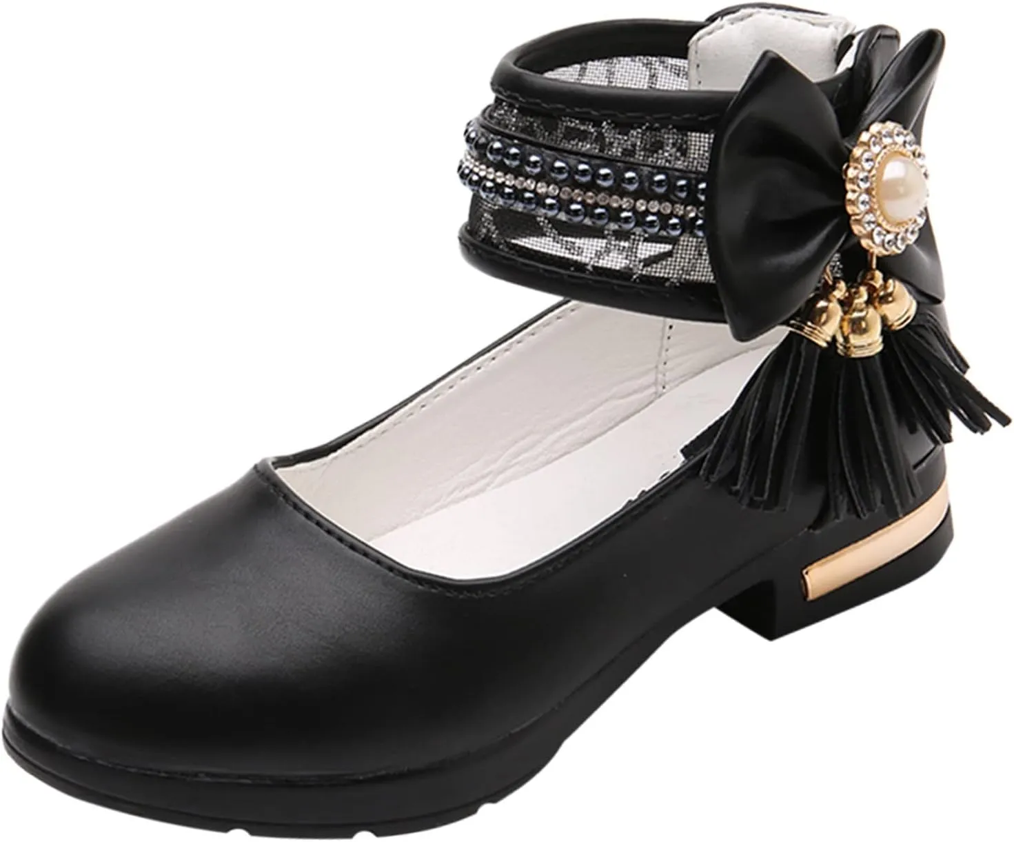 Models Sweet Girls Princess Leather Shoes with Jewelry Tassel Girls Dress Shoes Party School (Black, 5.5-6 Years)