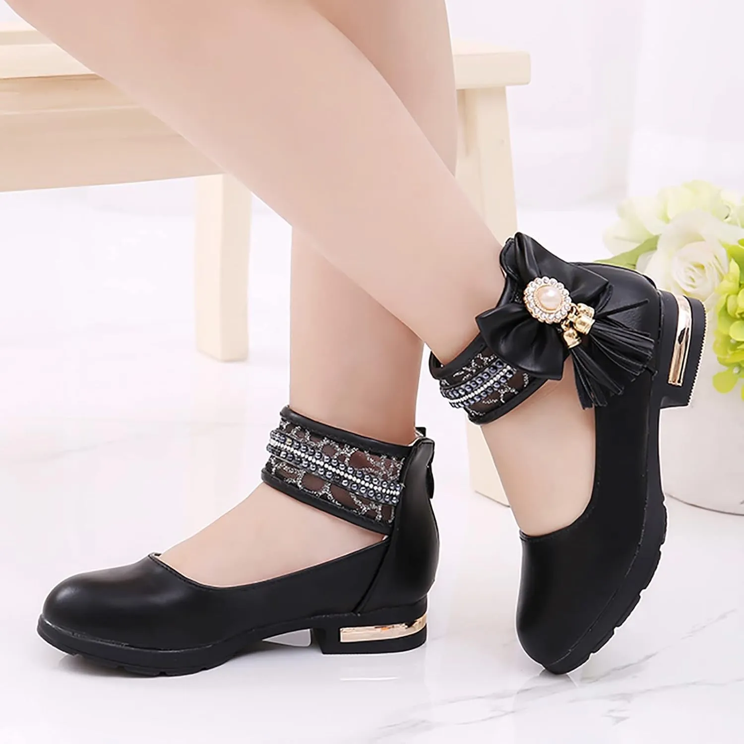 Models Sweet Girls Princess Leather Shoes with Jewelry Tassel Girls Dress Shoes Party School (Black, 5.5-6 Years)