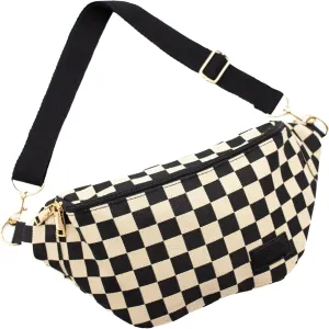 Modern Chic Belt Bags for Women: Avril Patterned Oversized Checkered Fanny Pack, Canvas Belt Bag for Women with Strap & Multiple Pockets (Checkmate)
