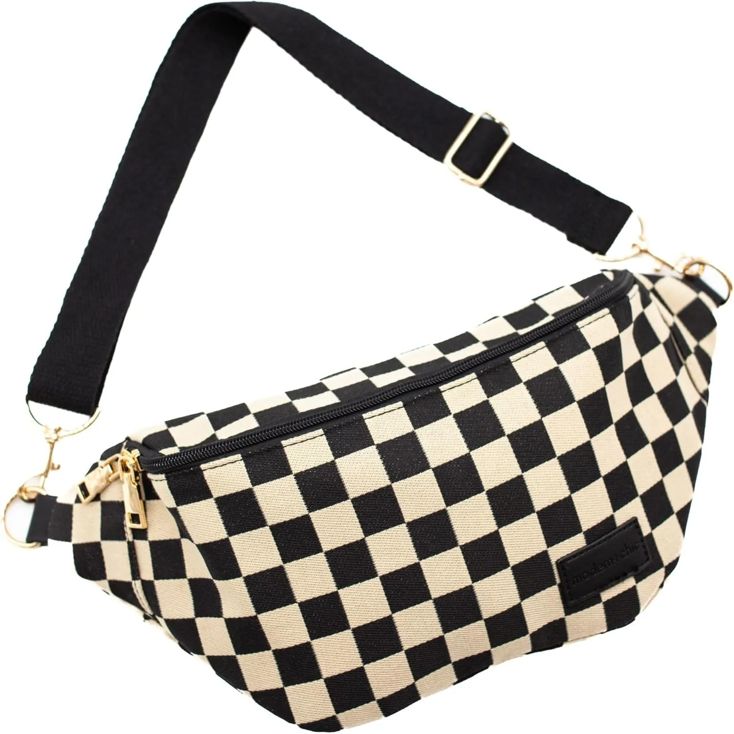 Modern Chic Belt Bags for Women: Avril Patterned Oversized Checkered Fanny Pack, Canvas Belt Bag for Women with Strap & Multiple Pockets (Checkmate)