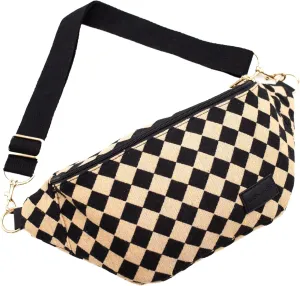 Modern Chic Belt Bags for Women: Avril Patterned Oversized Checkered Fanny Pack, Canvas Belt Bag for Women with Strap & Multiple Pockets (Diamonds)