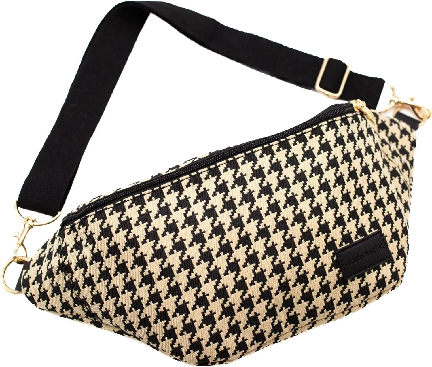 Modern Chic Belt Bags for Women: Avril Patterned Oversized Checkered Fanny Pack, Canvas Belt Bag for Women with Strap & Multiple Pockets (Houndstooth)