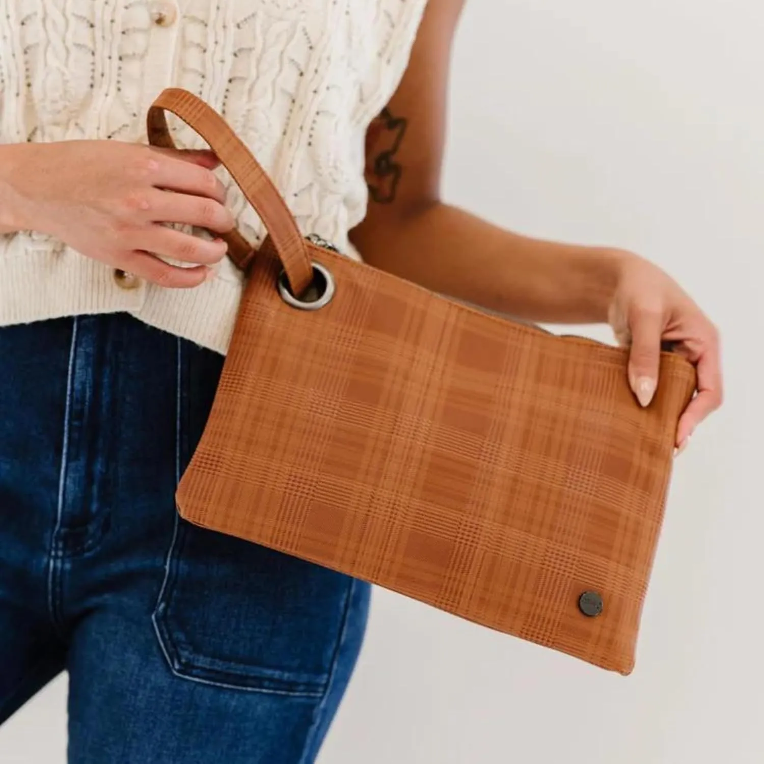 Modern Chic Clutch Purses for Women - Molly Oversized Plaid Clutch, Durable Vegan Leather, Hands-Free Wristlet