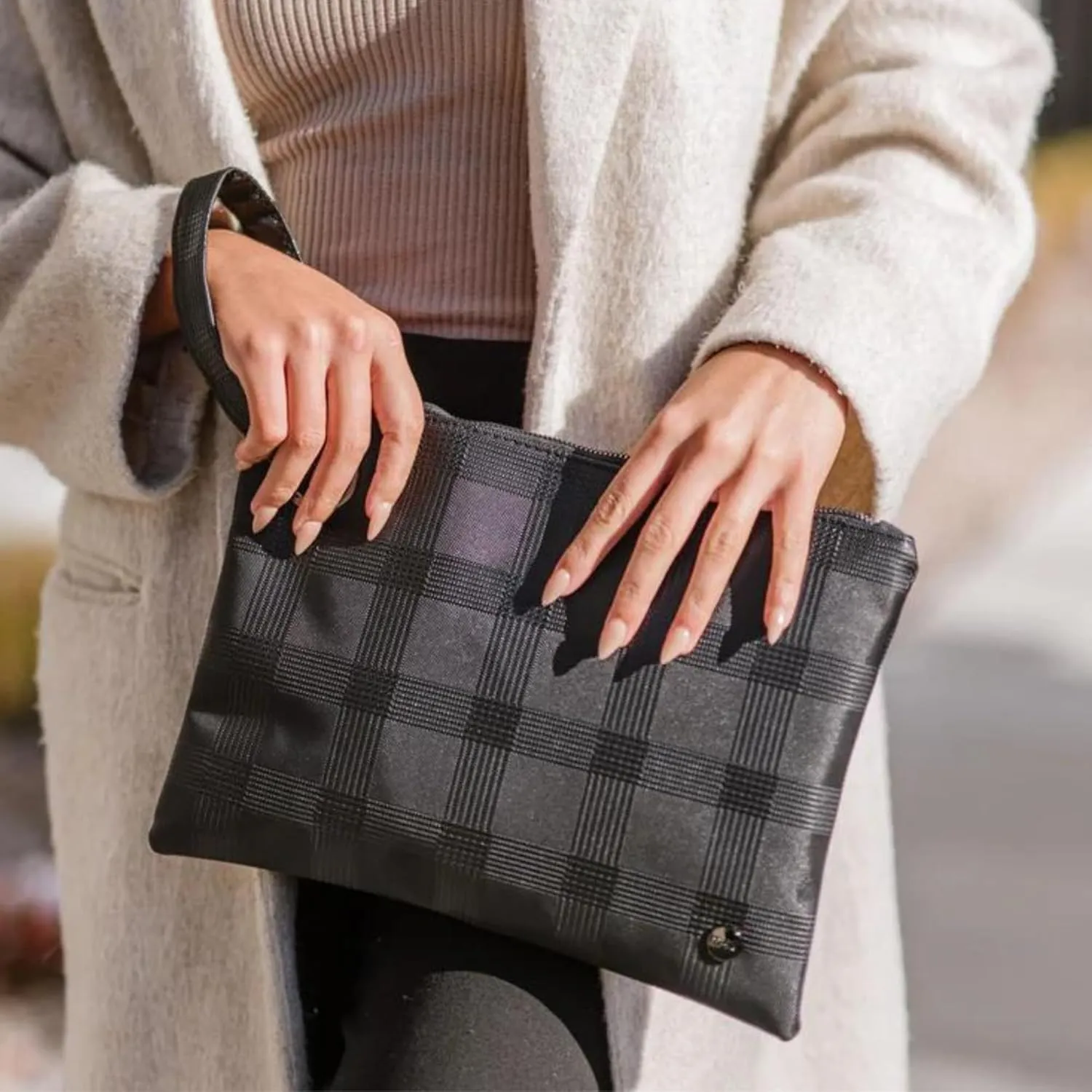 Modern Chic Clutch Purses for Women - Molly Oversized Plaid Clutch, Durable Vegan Leather, Hands-Free Wristlet
