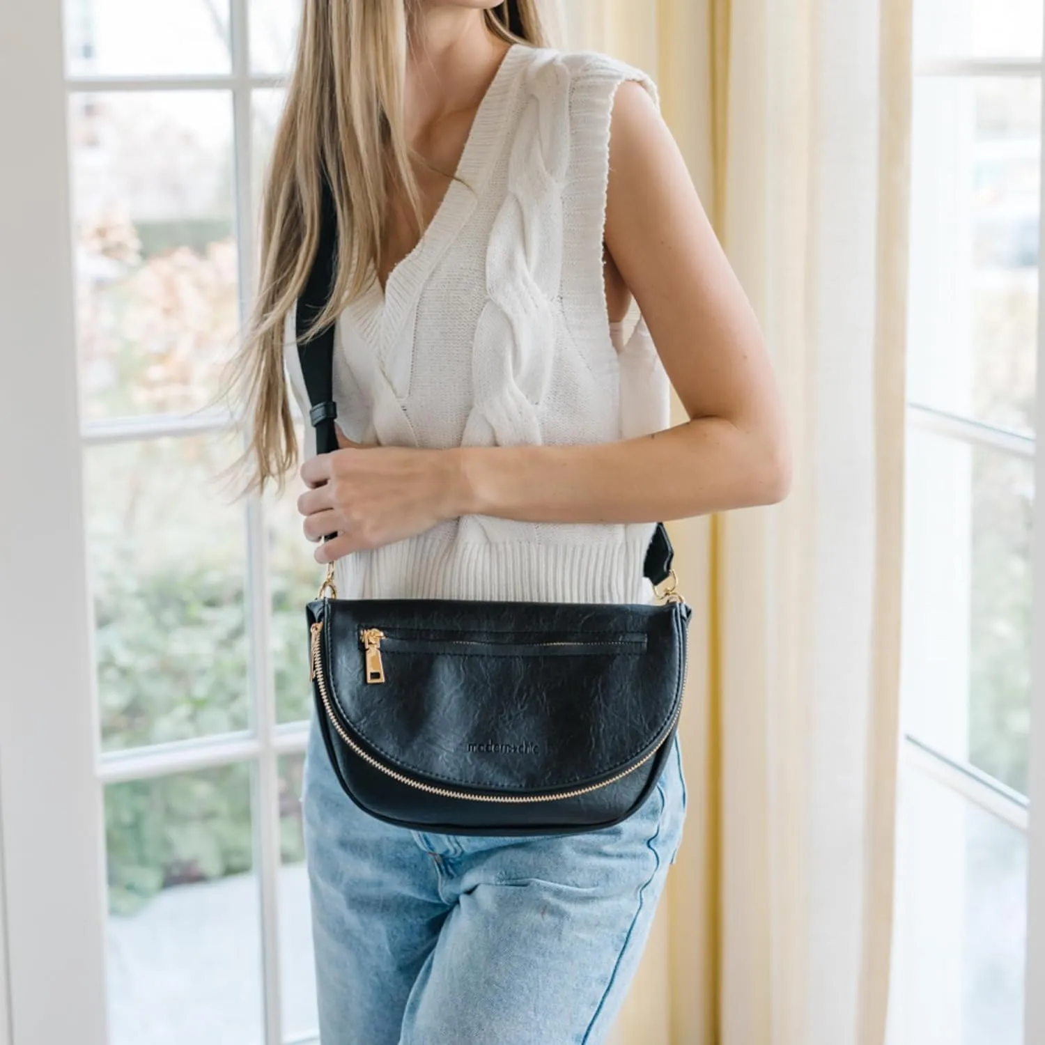 Modern Chic Crossbody Bags for Women - The Holly Foldover Crossbody Bag, Vegan Leather Belt Bag with Zipper Pockets - Black