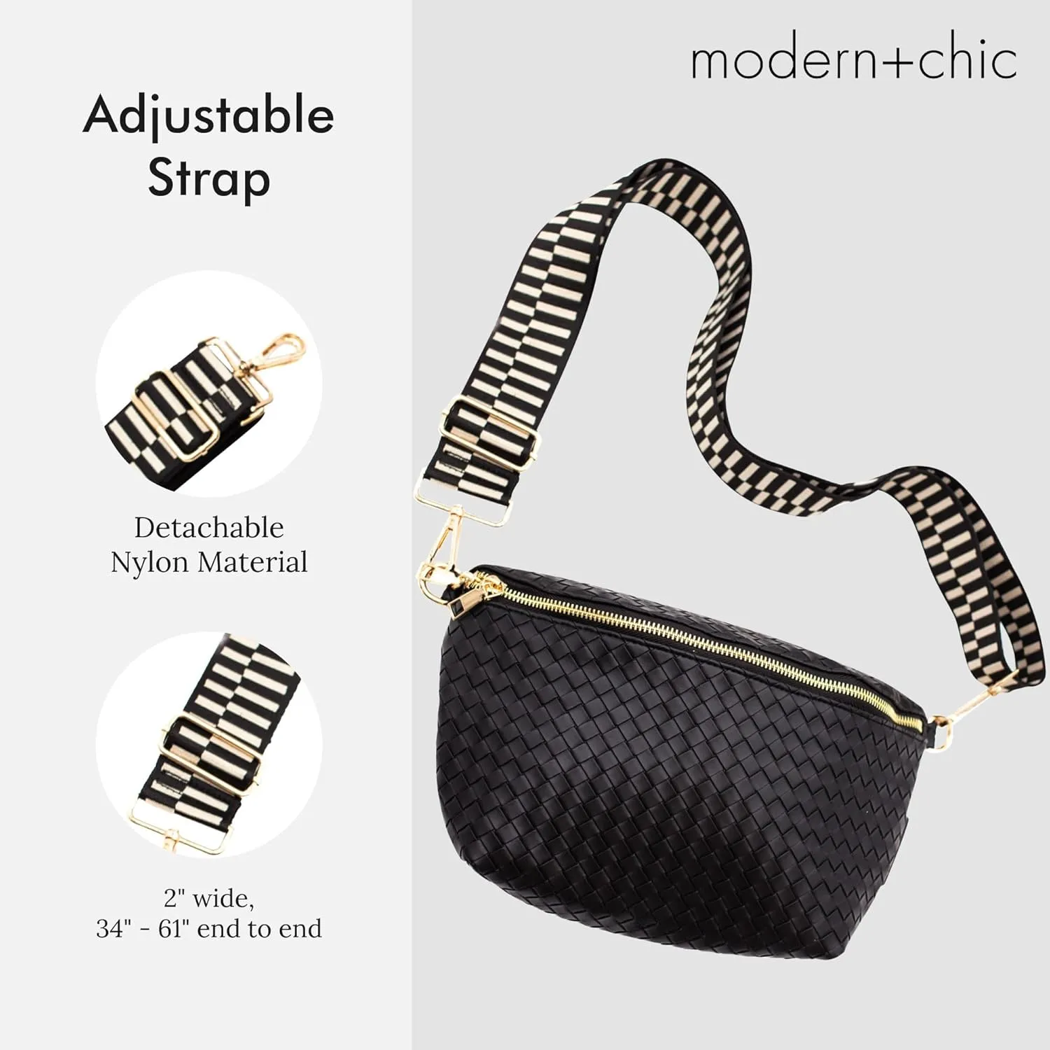 Modern Chic Rory Oversized Crisscross Belt Bag for Women, Vegan Leather Crossbody Bag with Strap and Multiple Pockets