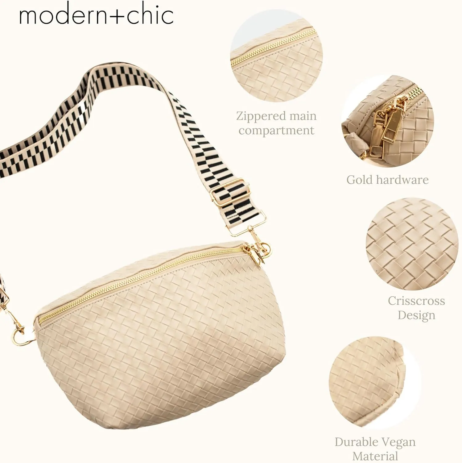 Modern Chic Rory Oversized Crisscross Belt Bag for Women, Vegan Leather Crossbody Bag with Strap and Multiple Pockets