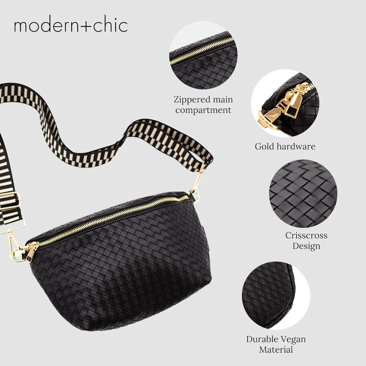 Modern Chic Rory Oversized Crisscross Belt Bag for Women, Vegan Leather Crossbody Bag with Strap and Multiple Pockets