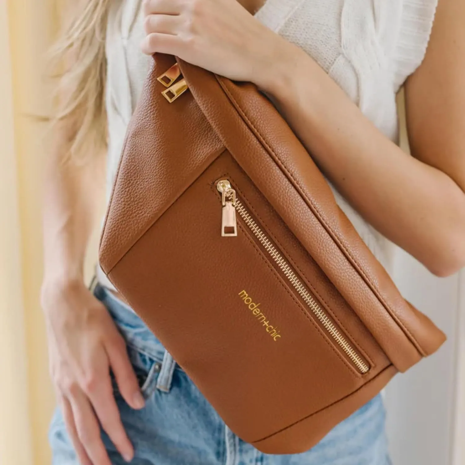 Modern Chic Sling Bags for Women - Presley Oversized Sling Bag, Vegan Leather Crossbody Bag with Strap & Multiple Pockets (Camel)
