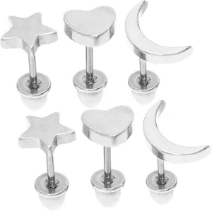 Moon Star Heart Earrings Minimalist Studs for Men Women Stainless Steel Ear Jewelry 3 Pairs