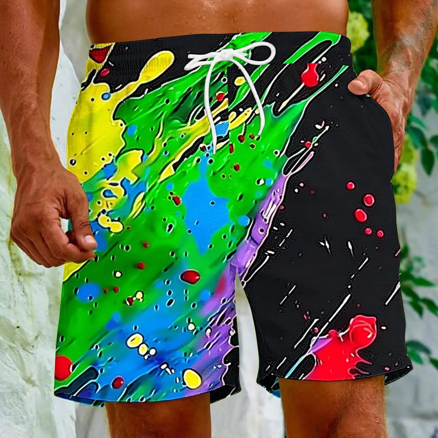 Muscularfit Beach Shorts for Men Fashion Tie Dye Print Shorts Summer Beach Vacation Drawstring Shorts with Pockets