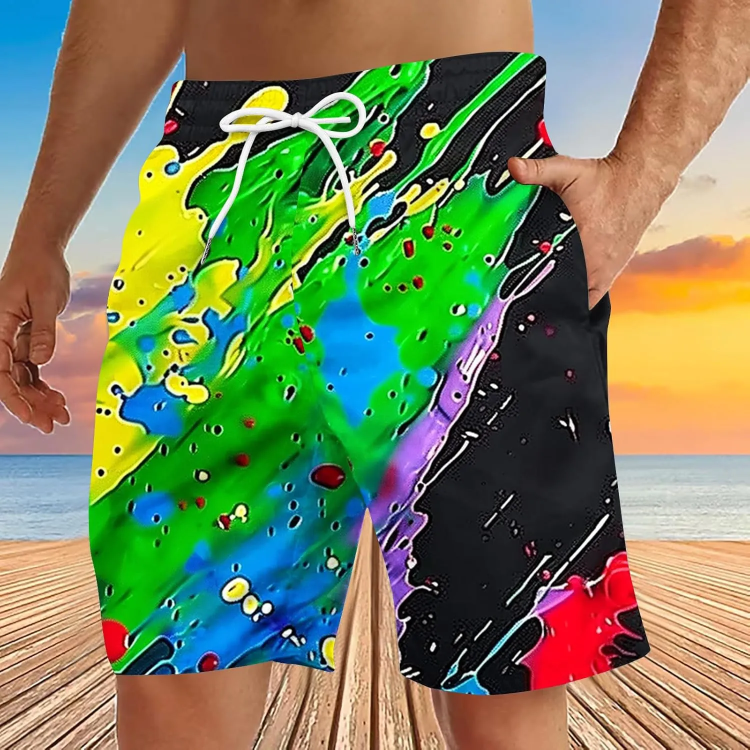 Muscularfit Beach Shorts for Men Fashion Tie Dye Print Shorts Summer Beach Vacation Drawstring Shorts with Pockets