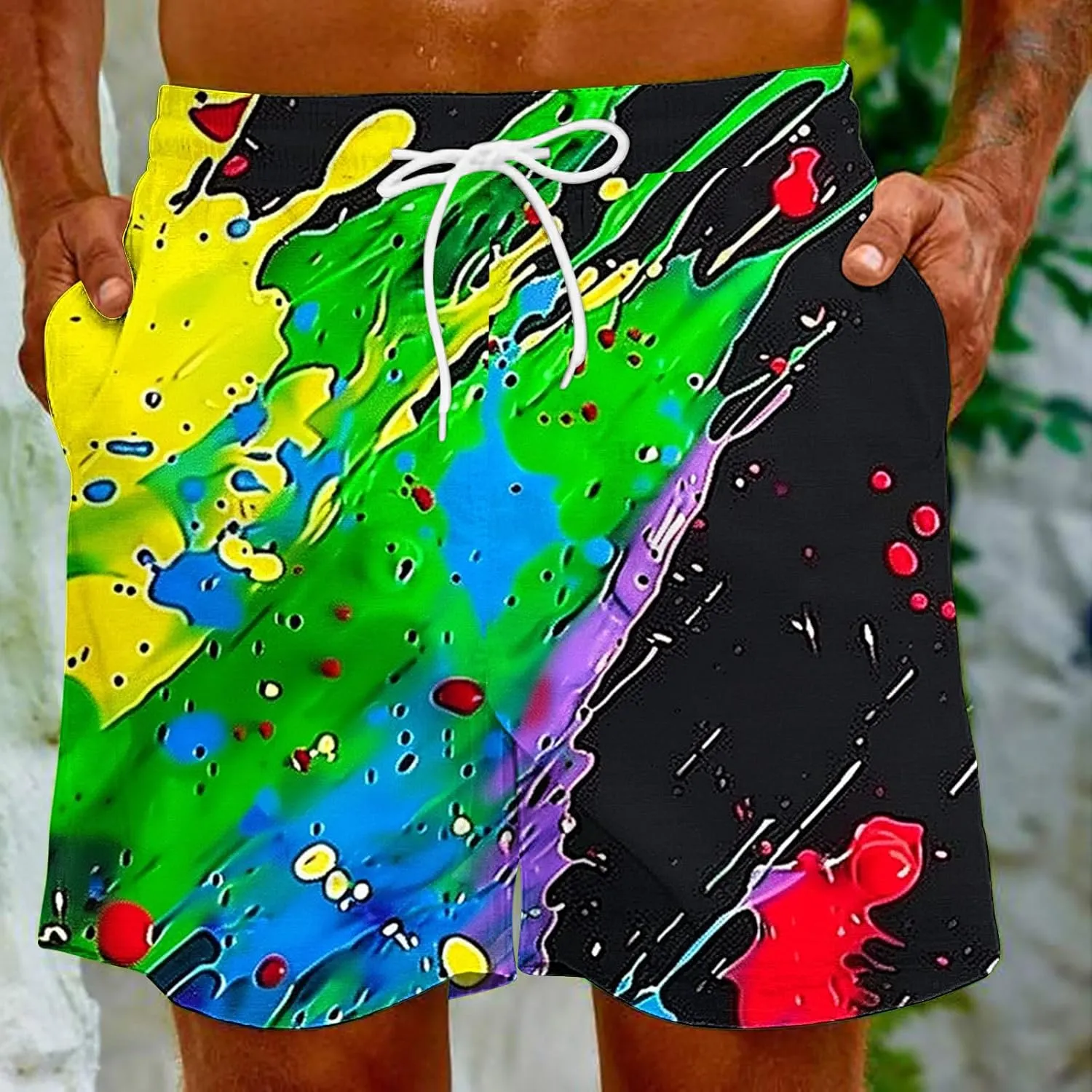 Muscularfit Beach Shorts for Men Fashion Tie Dye Print Shorts Summer Beach Vacation Drawstring Shorts with Pockets