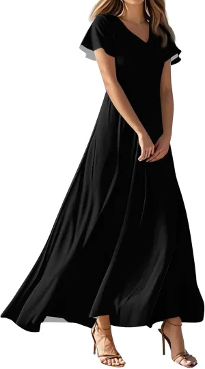 NBXNZWF Summer Dresses for Women 2025 Ruffle Short Sleeve V Neck Maxi Dress Flowy Beach Vacation Casual Dresses