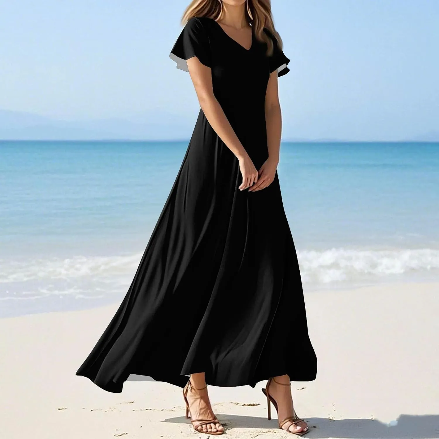 NBXNZWF Summer Dresses for Women 2025 Ruffle Short Sleeve V Neck Maxi Dress Flowy Beach Vacation Casual Dresses