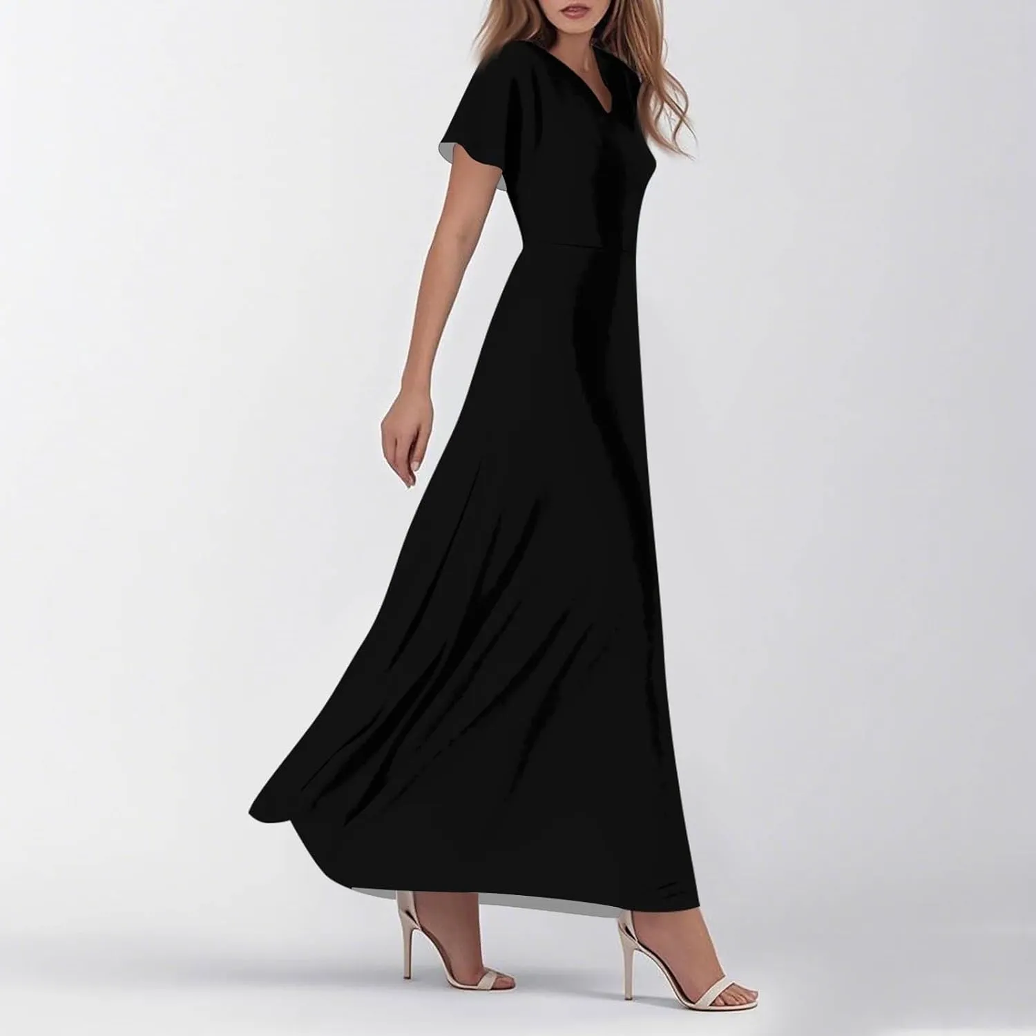 NBXNZWF Summer Dresses for Women 2025 Ruffle Short Sleeve V Neck Maxi Dress Flowy Beach Vacation Casual Dresses