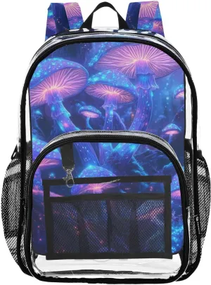 Night Glowing Mushrooms Clear Backpack with Back Print, Heavy Duty See Through Backpacks PVC Transparent Daypack for Travel Security