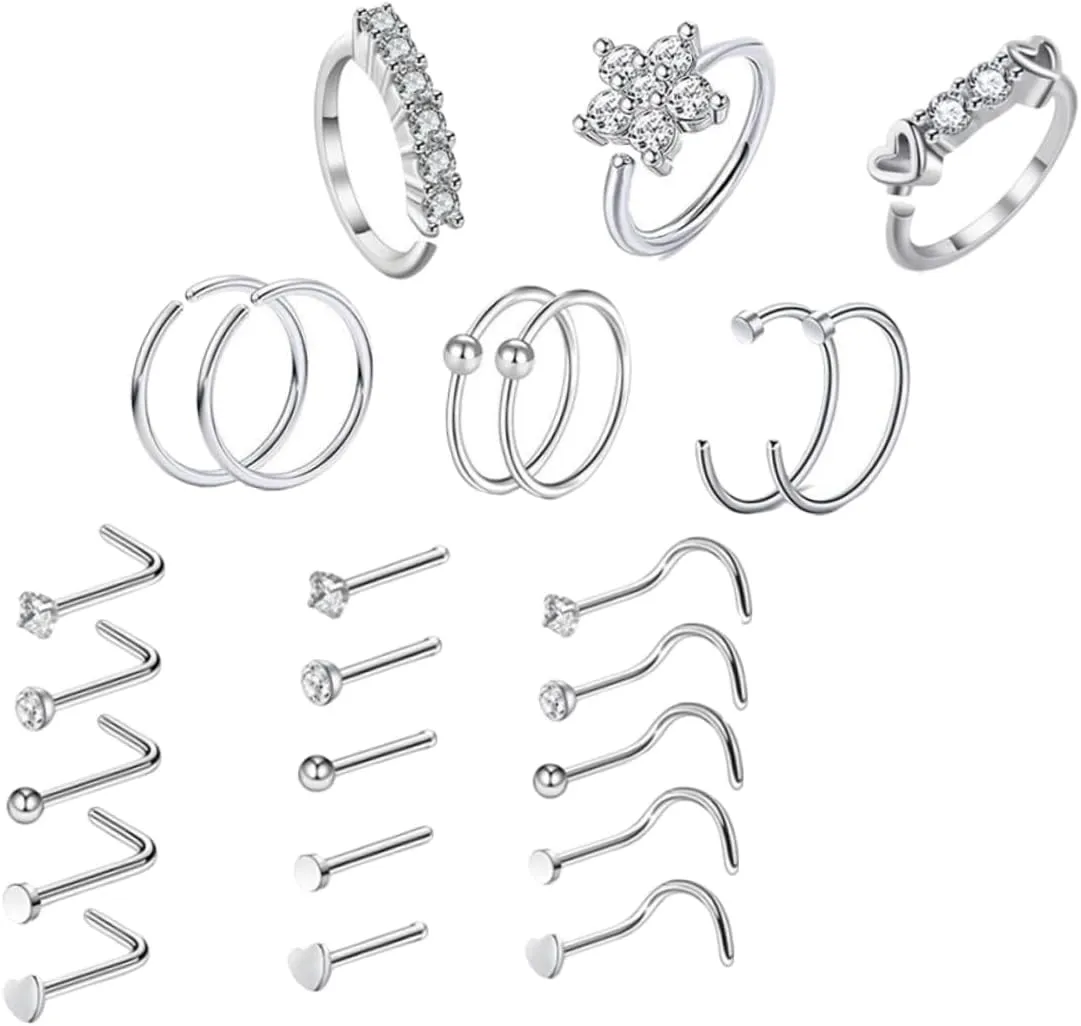 NOLITOY Zircon Nose Studs 24pcs Stainless Steel Nose Rings Women's Fashion Jewelry