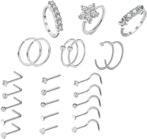 NOLITOY Zircon Nose Studs 24pcs Stainless Steel Nose Rings Women's Fashion Jewelry