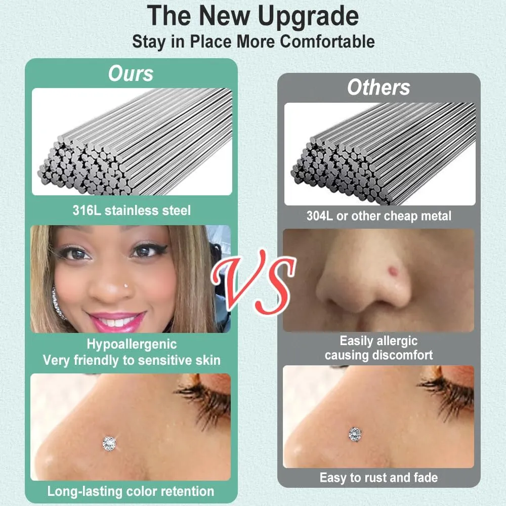 Nose Rings Studs for Women 16Pcs 20G Nose Studs Hypoallergenic 316L Surgical Steel Nose Piercings Jewelry 3mm CZ & Opal Nose Ring L Shape Nose Stud 20 Gauge Nose Screw Studs