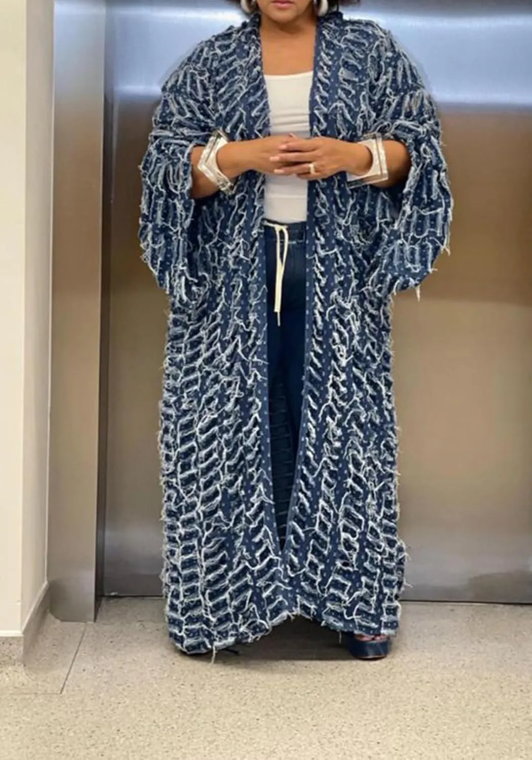 NRTHYE Women's Ripped Oversized Jean Kimono Robe Cardigan Hollow Long Sleeve Open Front Long Denim Dusters Jacket Coat