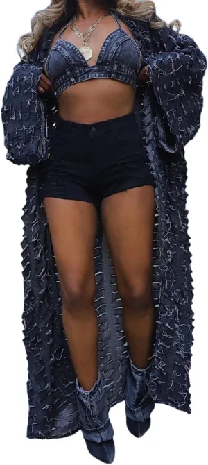 NRTHYE Women's Ripped Oversized Jean Kimono Robe Cardigan Hollow Long Sleeve Open Front Long Denim Dusters Jacket Coat