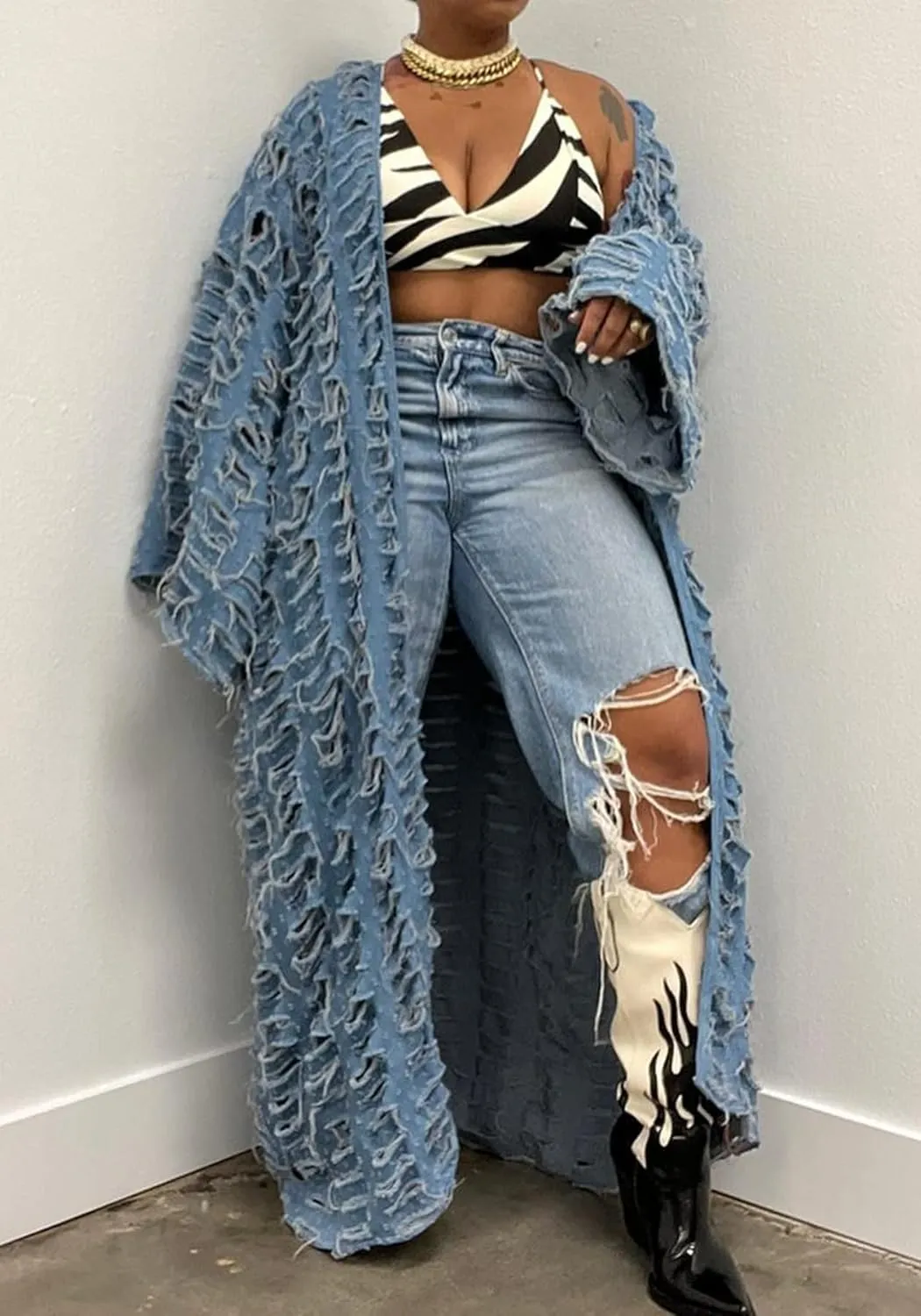 NRTHYE Women's Ripped Oversized Jean Kimono Robe Cardigan Hollow Long Sleeve Open Front Long Denim Dusters Jacket Coat
