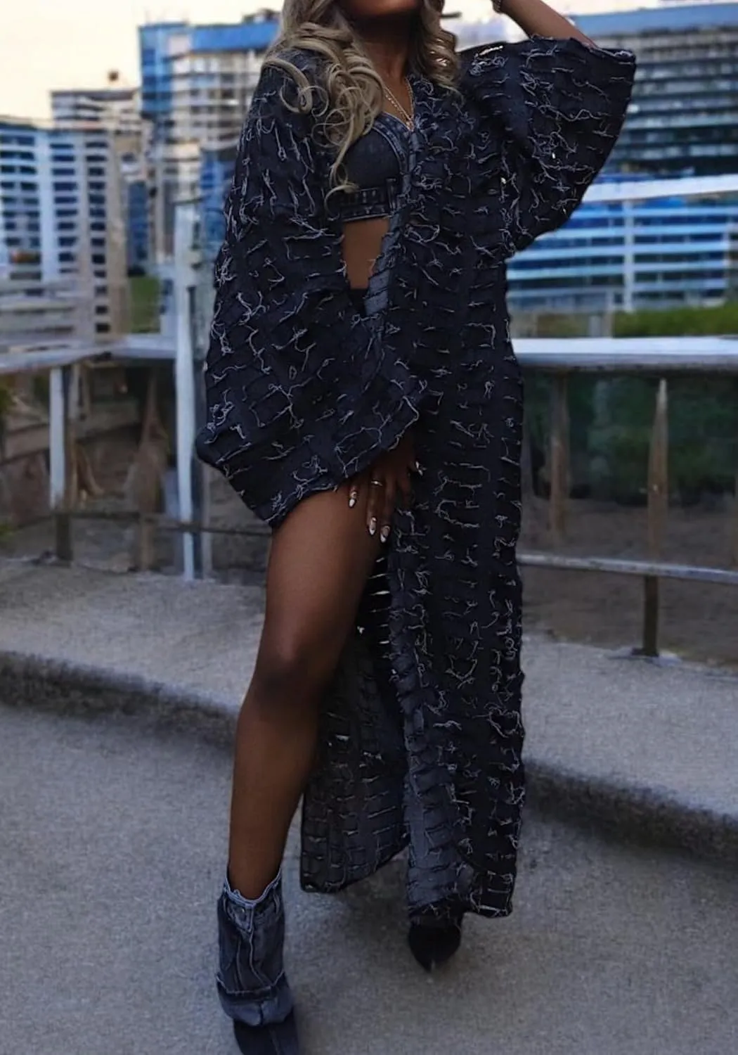 NRTHYE Women's Ripped Oversized Jean Kimono Robe Cardigan Hollow Long Sleeve Open Front Long Denim Dusters Jacket Coat