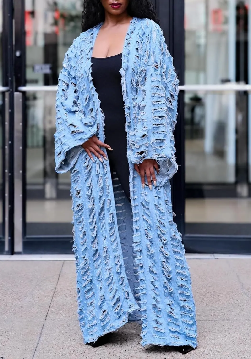 NRTHYE Women's Ripped Oversized Jean Kimono Robe Cardigan Hollow Long Sleeve Open Front Long Denim Dusters Jacket Coat