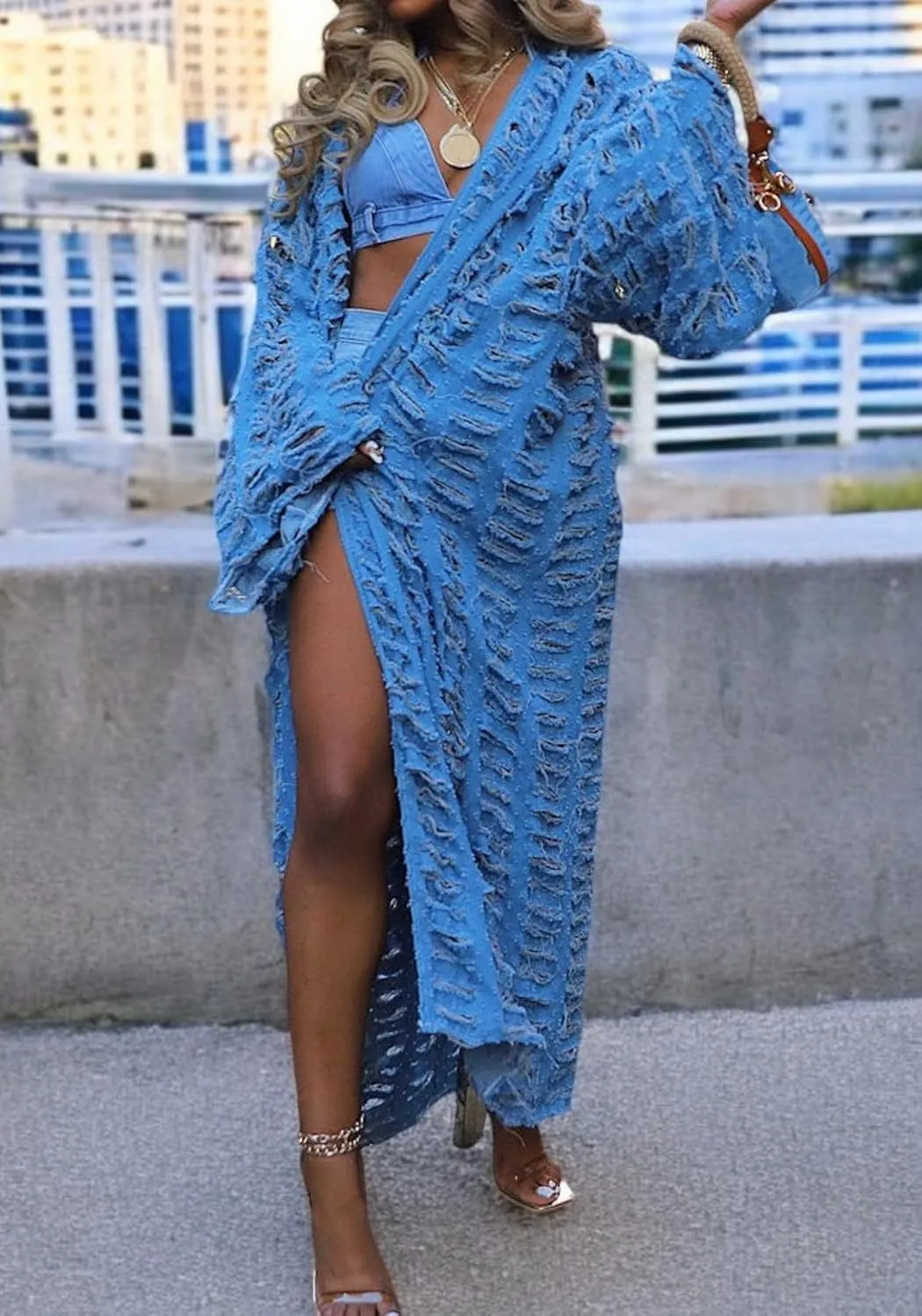 NRTHYE Women's Ripped Oversized Jean Kimono Robe Cardigan Hollow Long Sleeve Open Front Long Denim Dusters Jacket Coat