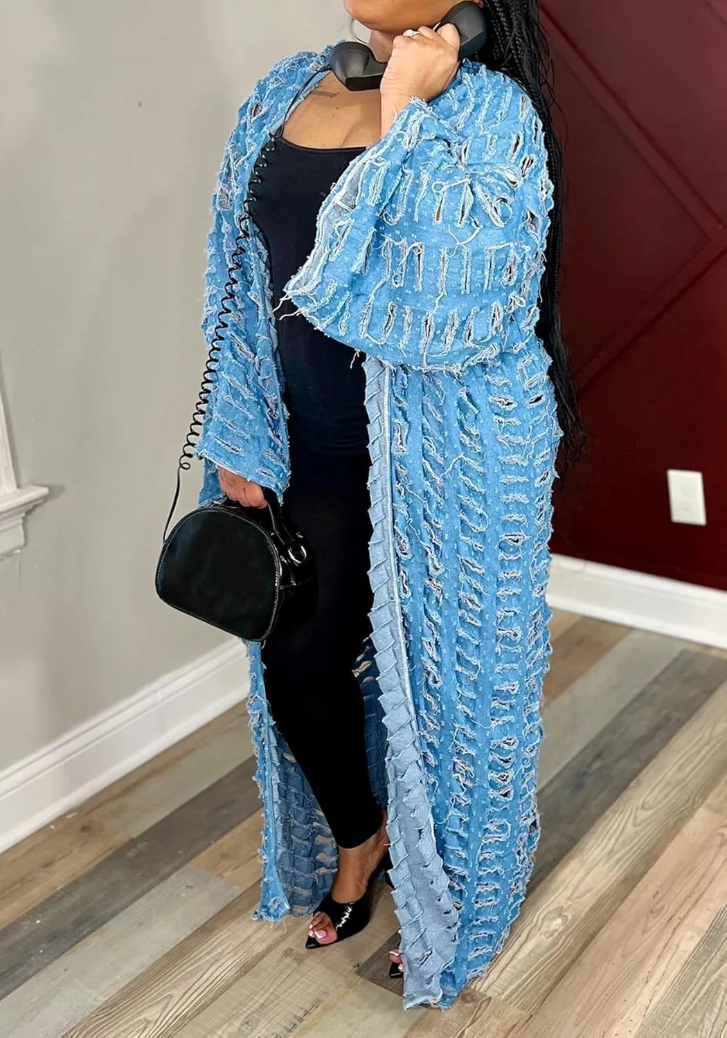 NRTHYE Women's Ripped Oversized Jean Kimono Robe Cardigan Hollow Long Sleeve Open Front Long Denim Dusters Jacket Coat