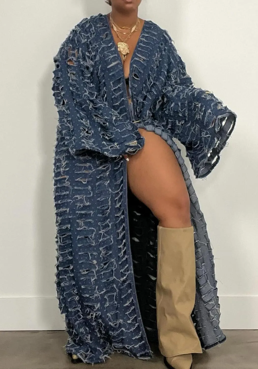 NRTHYE Women's Ripped Oversized Jean Kimono Robe Cardigan Hollow Long Sleeve Open Front Long Denim Dusters Jacket Coat