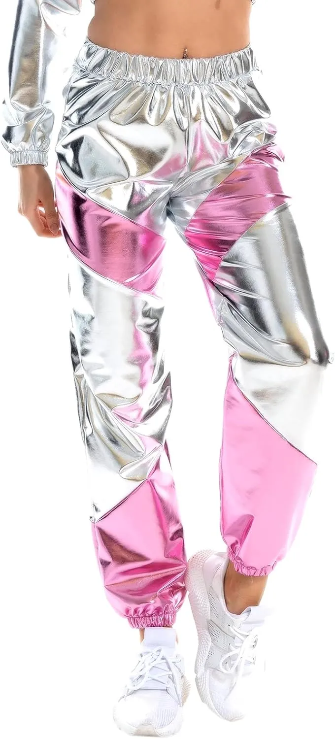 OBEEII Women's Metallic Shinny High Waist Pants, Holographic Jogger Sweatpants Hip Hop Workout Trousers Club Wear