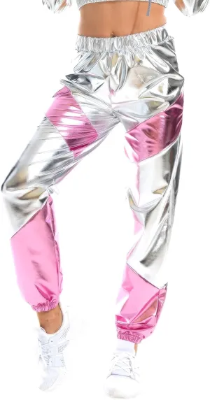 OBEEII Women's Metallic Shinny High Waist Pants, Holographic Jogger Sweatpants Hip Hop Workout Trousers Club Wear