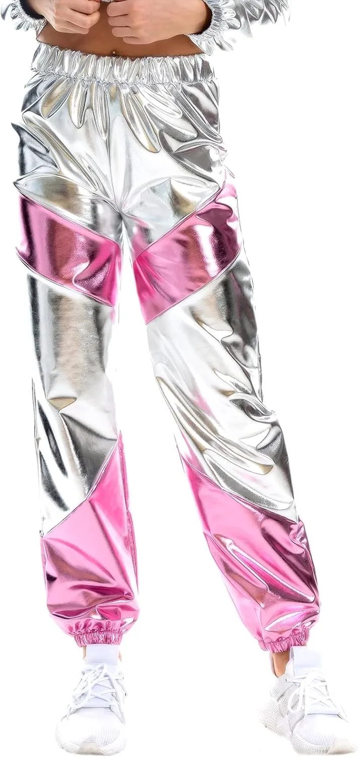 OBEEII Women's Metallic Shinny High Waist Pants, Holographic Jogger Sweatpants Hip Hop Workout Trousers Club Wear