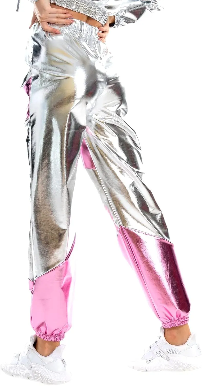 OBEEII Women's Metallic Shinny High Waist Pants, Holographic Jogger Sweatpants Hip Hop Workout Trousers Club Wear