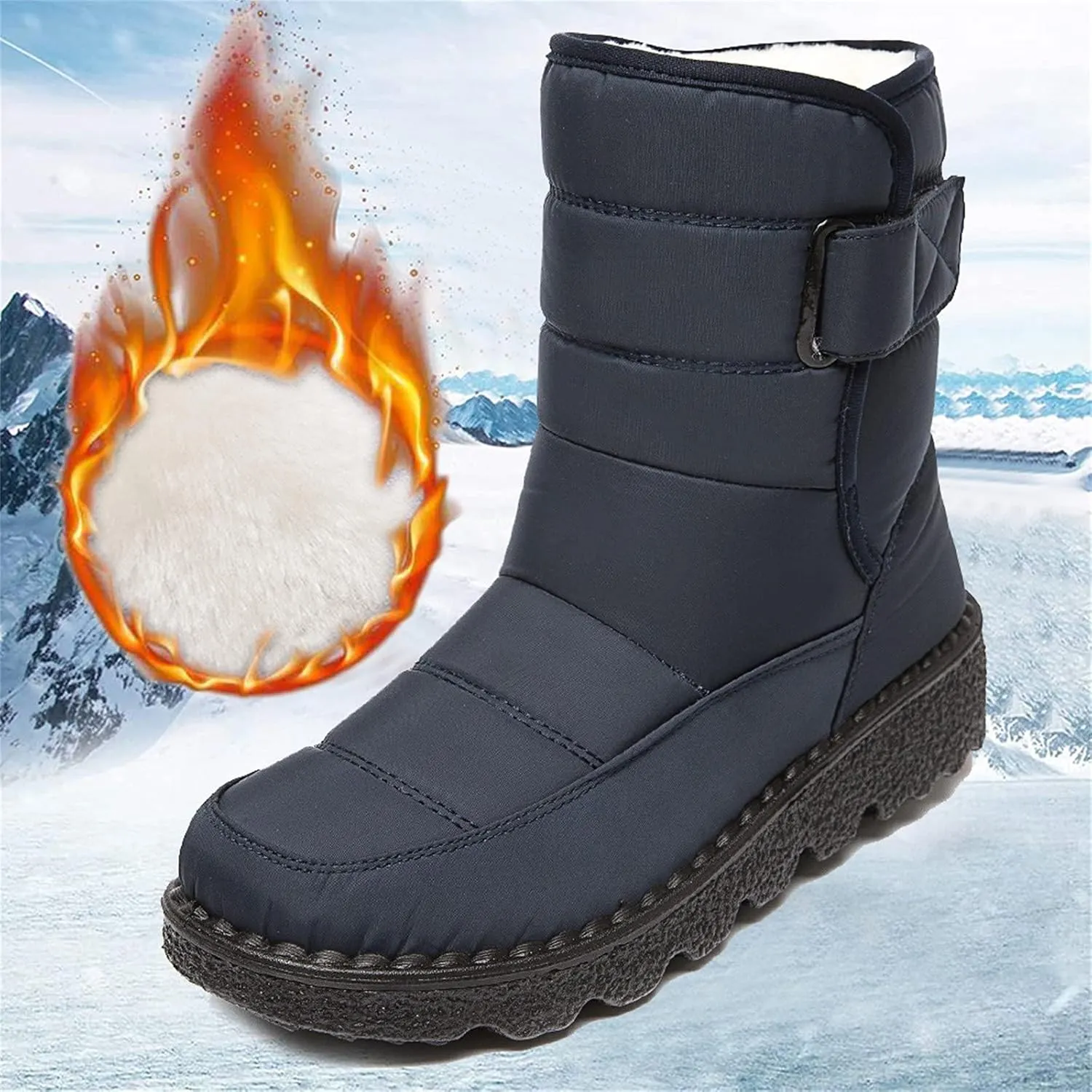 oiangi Quilted Snow Boots for Women Fashion Waterproof Round Toe Buckle Platform High Top Non-slip Ankle Booties Winter Comfy Warm Outdoor Ladies Shoes