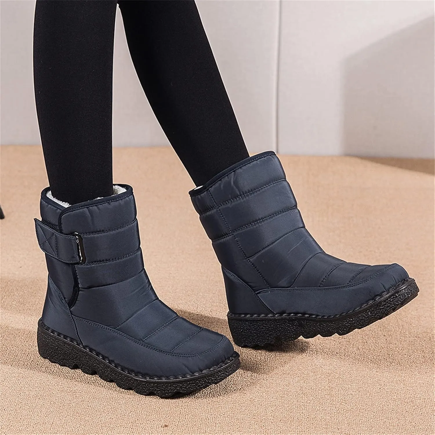 oiangi Quilted Snow Boots for Women Fashion Waterproof Round Toe Buckle Platform High Top Non-slip Ankle Booties Winter Comfy Warm Outdoor Ladies Shoes