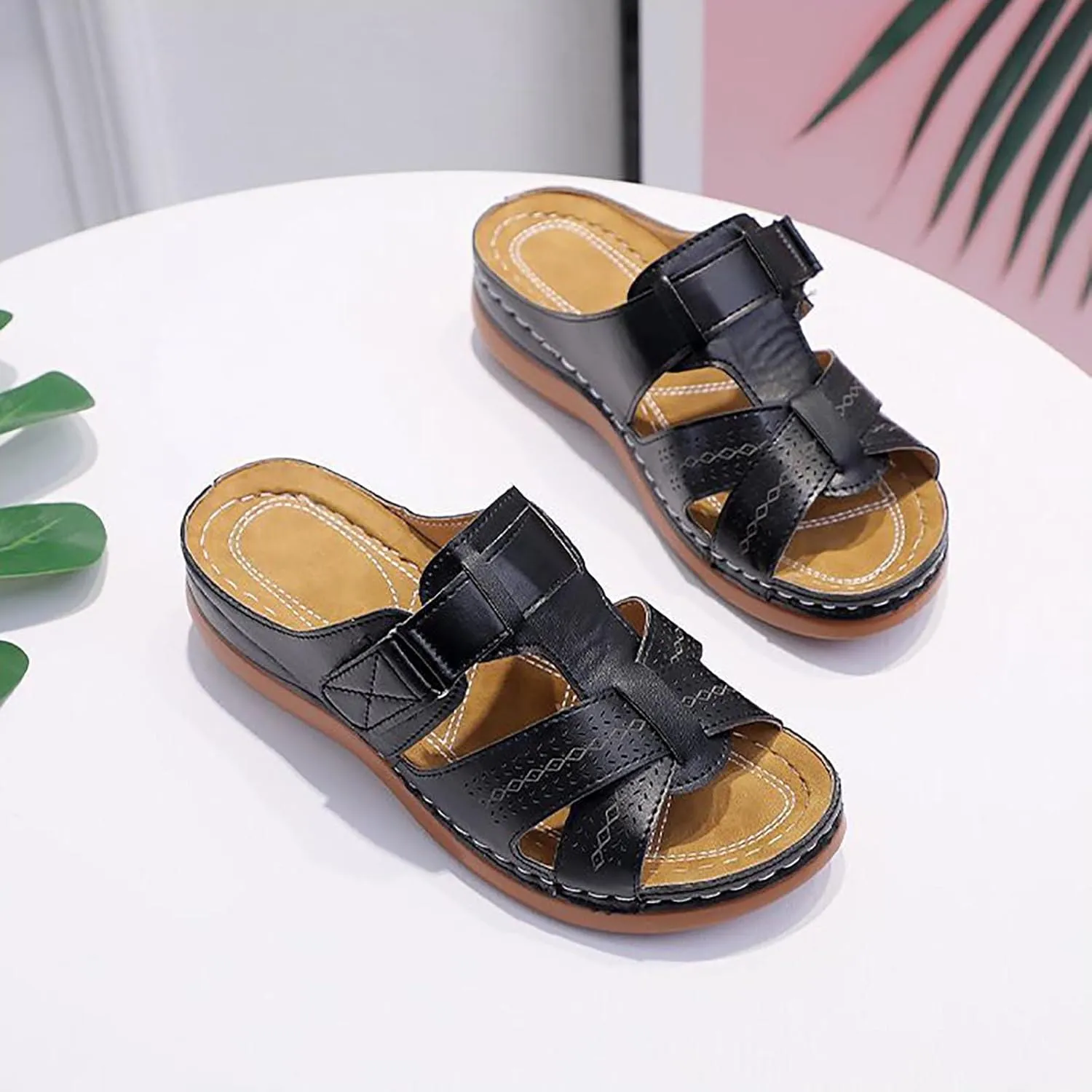 oiangi Womens Sandals 2023 Summer Comfortable Wedge Sandals with Arch Support Solid Casual Fish Mouth Open Toe Slip on Slippers Ladies Beach Travel Shoes