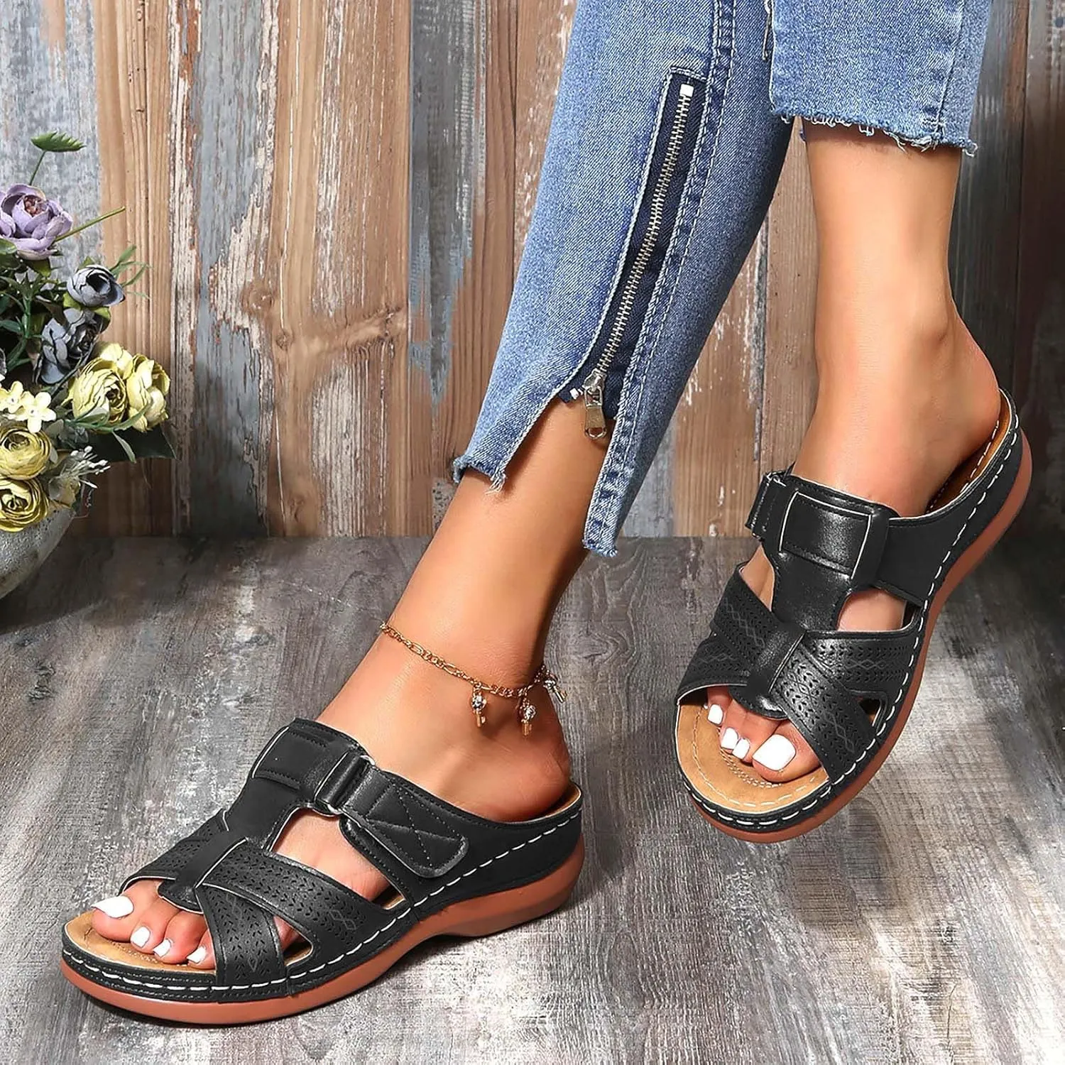 oiangi Womens Sandals 2023 Summer Comfortable Wedge Sandals with Arch Support Solid Casual Fish Mouth Open Toe Slip on Slippers Ladies Beach Travel Shoes