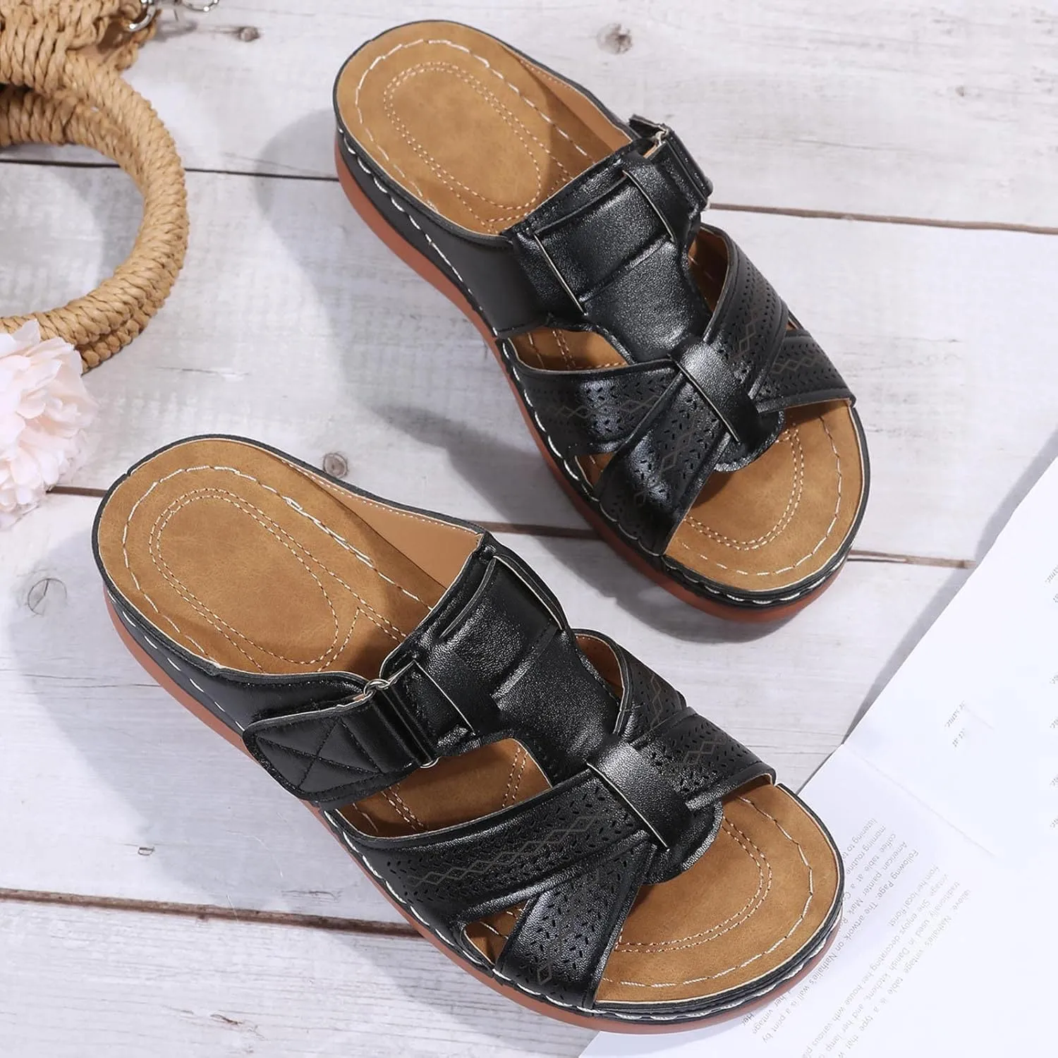 oiangi Womens Sandals 2023 Summer Comfortable Wedge Sandals with Arch Support Solid Casual Fish Mouth Open Toe Slip on Slippers Ladies Beach Travel Shoes