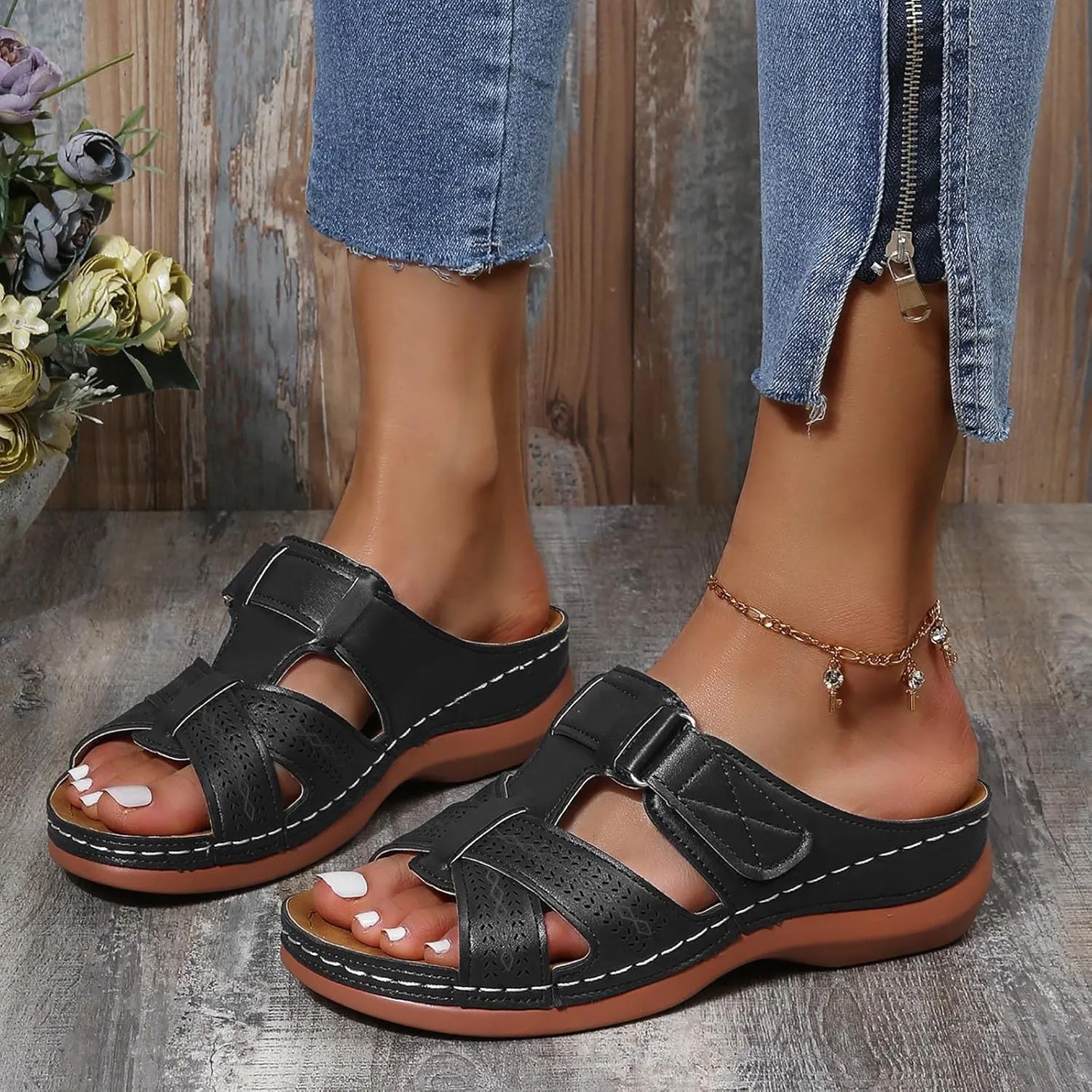 oiangi Womens Sandals 2023 Summer Comfortable Wedge Sandals with Arch Support Solid Casual Fish Mouth Open Toe Slip on Slippers Ladies Beach Travel Shoes