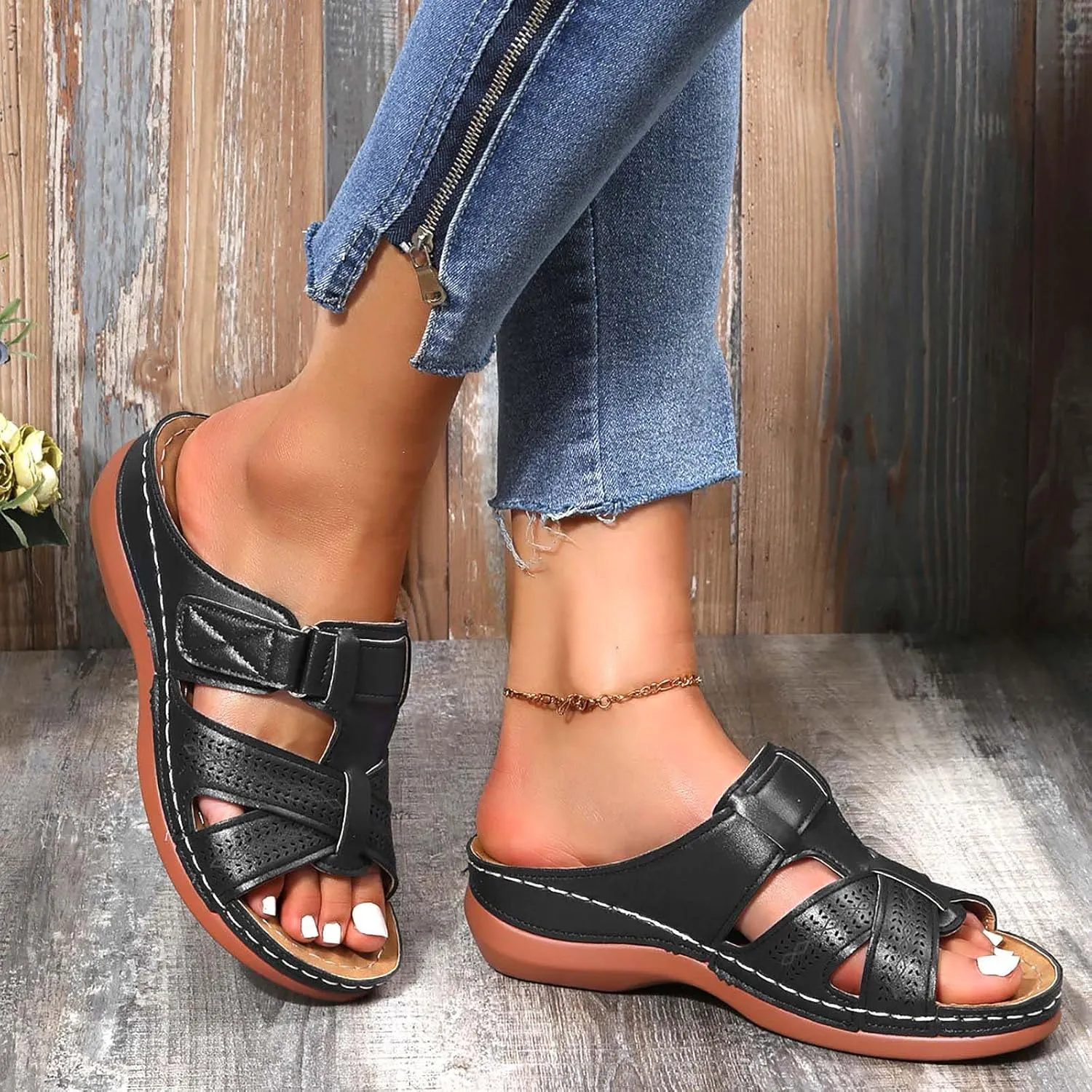 oiangi Womens Sandals 2023 Summer Comfortable Wedge Sandals with Arch Support Solid Casual Fish Mouth Open Toe Slip on Slippers Ladies Beach Travel Shoes