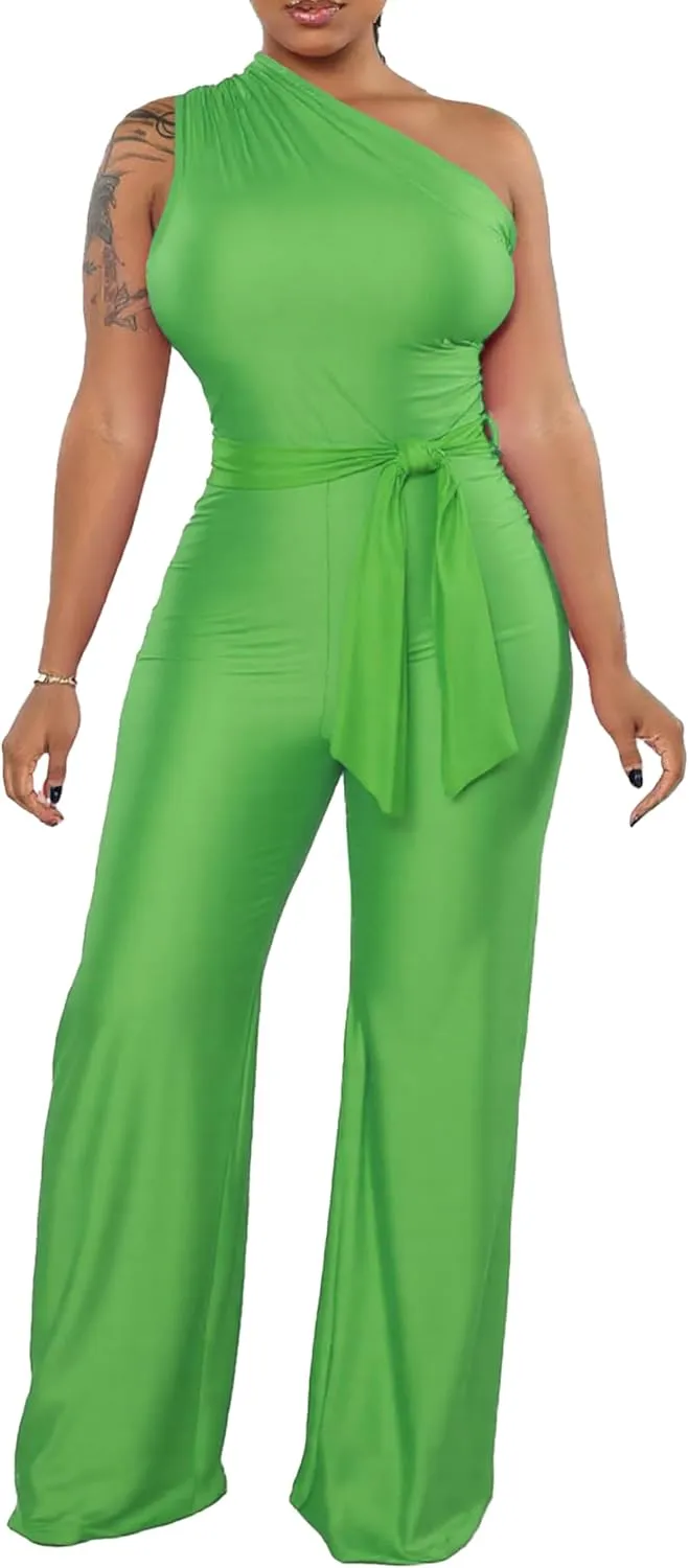 One Piece Jumpsuits for Women Casual Wide Leg Pants Set Holiday Outfits Sexy Romper Clubwear with Belt