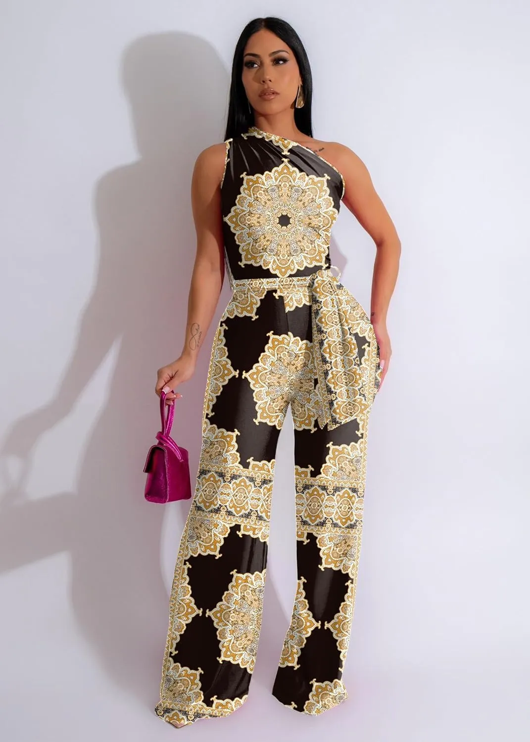 One Piece Jumpsuits for Women Casual Wide Leg Pants Set Holiday Outfits Sexy Romper Clubwear with Belt