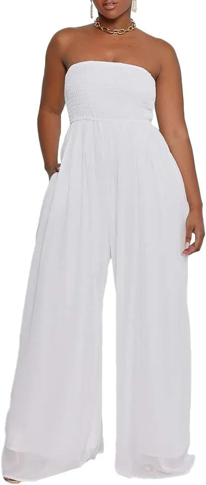 Ophestin Women's Strapless Tube Wide Leg Jumpsuits Smocked Women Jumpsuits Dressy Casual Flowy One Piece Jumpsuits Rompers