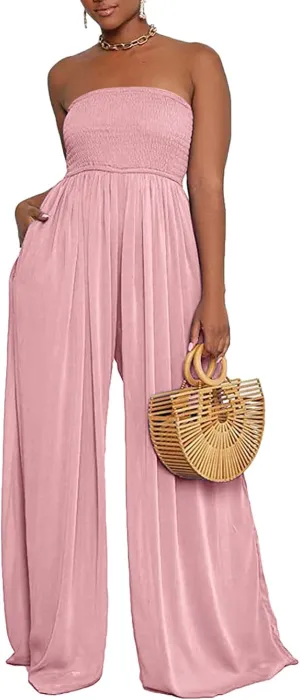 Ophestin Women's Strapless Tube Wide Leg Jumpsuits Smocked Women Jumpsuits Dressy Casual Flowy One Piece Jumpsuits Rompers