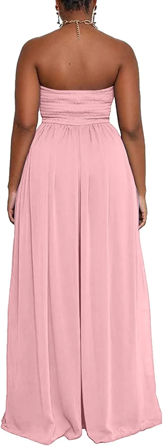 Ophestin Women's Strapless Tube Wide Leg Jumpsuits Smocked Women Jumpsuits Dressy Casual Flowy One Piece Jumpsuits Rompers